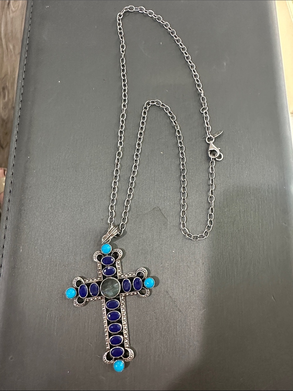 Nicky Butler Silver Cross Necklace with lapis Turquoise and Labordorite.